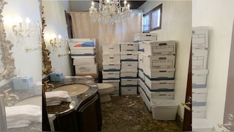 This undated image, released by the US District Court Southern District of Florida, attached as evidence in the indictment against  US president Donald Trump shows stacks of boxes in a bathroom and shower allegedly in the Lake Room at Mar-a-Lago. File image/ AFP