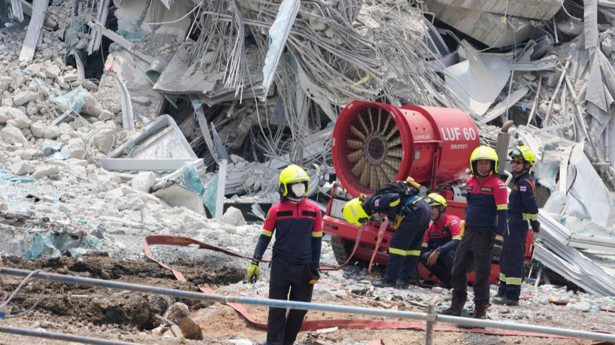 Rescuers use dust settling machine at the damaged construction site of a high-rise building in Bangkok, Thailand, Saturday, March 29, 2025, as rescuers search for victims following its collapse after Friday's earthquake. AP Rescuers use dust settling machine at the damaged construction site of a high-rise building in Bangkok, Thailand, Saturday, March 29, 2025, as rescuers search for victims following its collapse after Friday's earthquake. AP