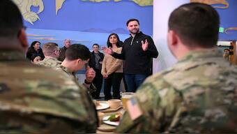US Vice President JD Vance with second lady Usha Vance, speaks with soldiers at the US military's Pituffik Space Base in Greenland on Friday. Reuters