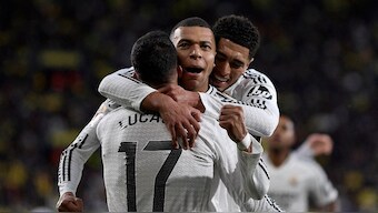 Real Madrid's Kylian Mbappe celebrates scoring their second goal with Lucas Vazquez and Jude Bellingham. Image: Reuters