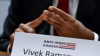 US Republican presidential candidate Vivek Ramaswamy speaks with reporters after meeting with members of the Anti-Woke Caucus on Capitol Hill in Washington, US, June 22, 2023. File Image/Reuters