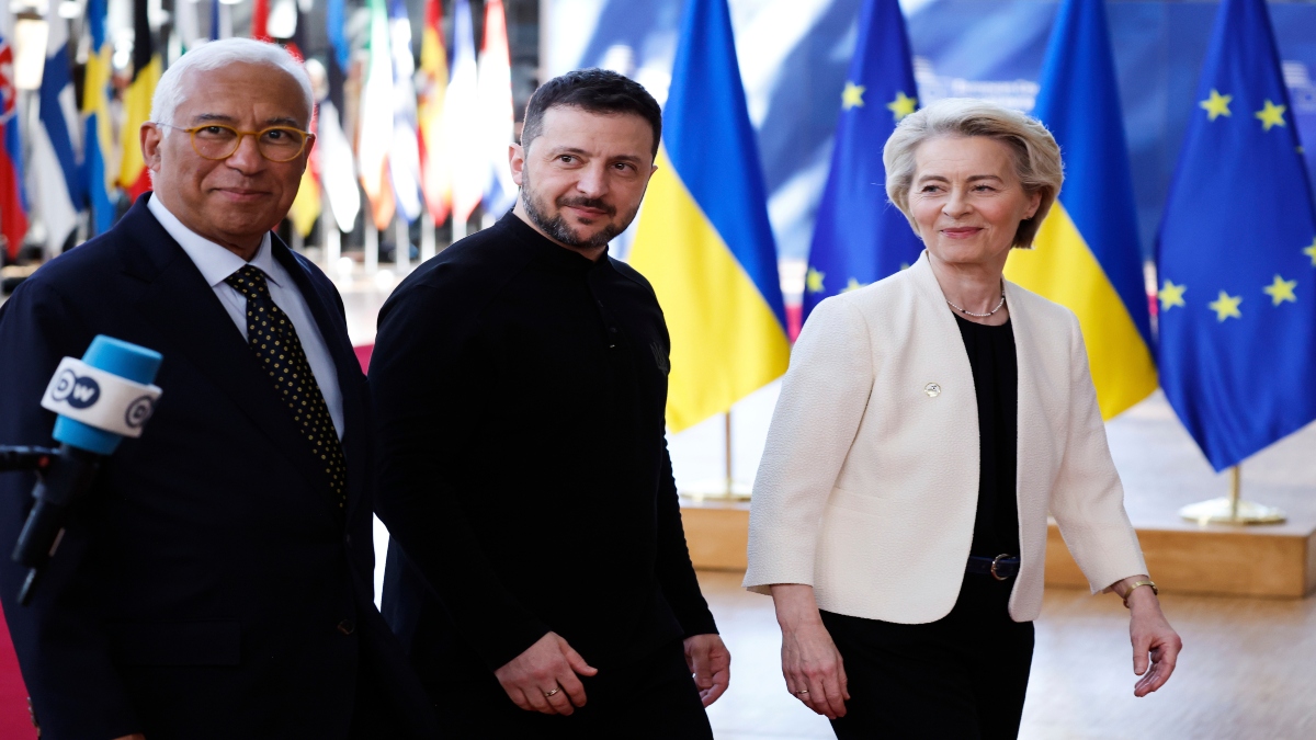 From left, European Council President Antonio Costa, Ukraine's President Volodymyr Zelenskyy and European Commission President Ursula von der Leyen arrive for an EU Summit at the European Council building in Brussels, on Thursday. AP  From left, European Council President Antonio Costa, Ukraine's President Volodymyr Zelenskyy and European Commission President Ursula von der Leyen arrive for an EU Summit at the European Council building in Brussels, on Thursday. AP