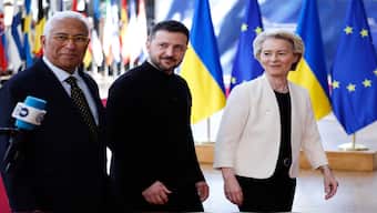 From left, European Council President Antonio Costa, Ukraine's President Volodymyr Zelenskyy and European Commission President Ursula von der Leyen arrive for an EU Summit at the European Council building in Brussels, on Thursday. AP 