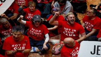 Demonstrators from the group Jewish Voice for Peace protest inside Trump Tower in support of Columbia University graduate student Mahmoud Khalil. AP