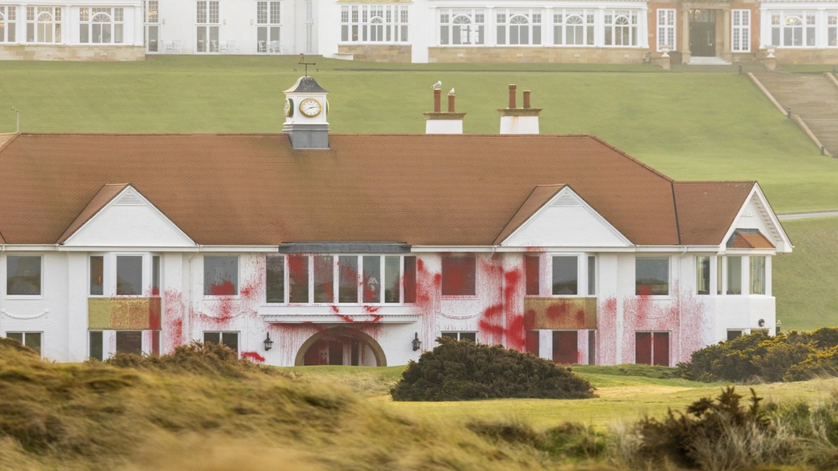 This photo provided by Palestine Action on Saturday, March 8, 2025 shows damage to the Trump owned site of Trump Turnberry golf course and hotel in Scotland. AP This photo provided by Palestine Action on Saturday, March 8, 2025 shows damage to the Trump owned site of Trump Turnberry golf course and hotel in Scotland. AP