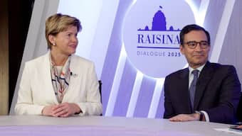 Marcos Perestrello, president of NATO Parliamentary Assembly and Latvia Foreign Minister Baiba Braze at Raisina Dialogue event in New Delhi