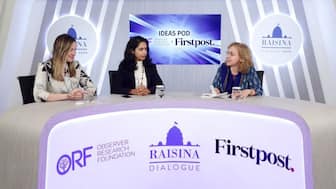 Keiti da Rocha Gomes, Director at Instituto de Pesquisa Econômica Aplicada (IPEA), Brazil (centre) and Victoria Panova, Scientific Supervisor of the BRICS Expert Council and Managing Director of the National Committee of BRICS Research, Russia (left) speak at Firstpost’s IdeasPod 