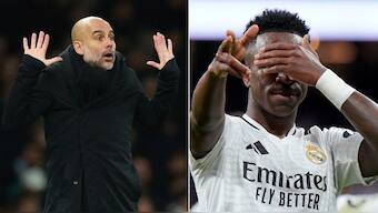 Man City manager Pep Guardiola and Real Madrid star Vinicius Jr. Image: Reuters