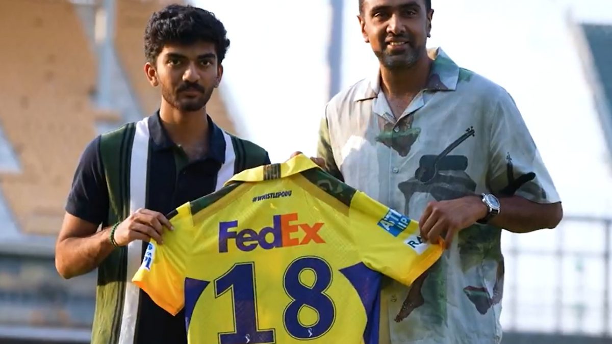 D Gukesh with the CSK jersey presented to him by R Ashwin. Image: CSK D Gukesh with the CSK jersey presented to him by R Ashwin. Image: CSK