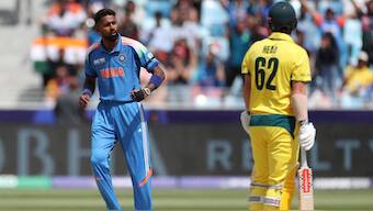 Hardik Pandya in action during the semi-final against Australia. Image: Reuters