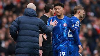 Jadon Sancho with Chelsea manager Enzo Maresca after being substituted. Image: Reuters