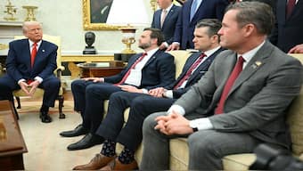 US President Donald Trump with Vice President JD Vance, Defence Secretary Pete Hegseth and National Security Advisor Mike Waltz. The three officials were part of the group chat on Signal which was inadvertently leaked to a journalist. File image/AFP