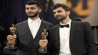 Basel Adra (left), and Yuval Abraham, winners of the award for best documentary feature film for "No Other Land," made politically strong speeches while accepting their awards. AP