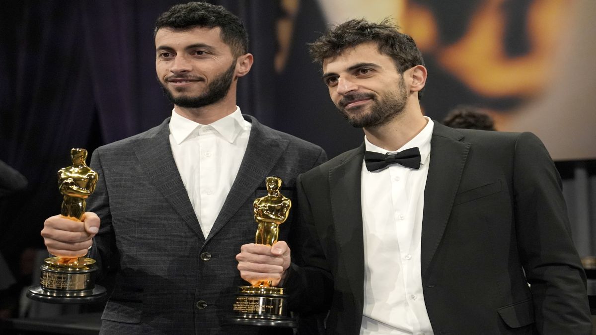 Basel Adra (left), and Yuval Abraham, winners of the award for best documentary feature film for "No Other Land," made politically strong speeches while accepting their awards. AP Basel Adra (left), and Yuval Abraham, winners of the award for best documentary feature film for "No Other Land," made politically strong speeches while accepting their awards. AP