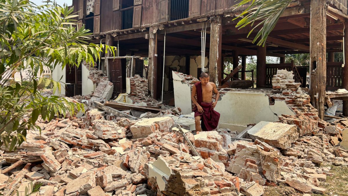 A Buddhist monk walks near a damaged building at a monastery compound after an earthquake in Naypyitaw, Myanmar. AP A Buddhist monk walks near a damaged building at a monastery compound after an earthquake in Naypyitaw, Myanmar. AP