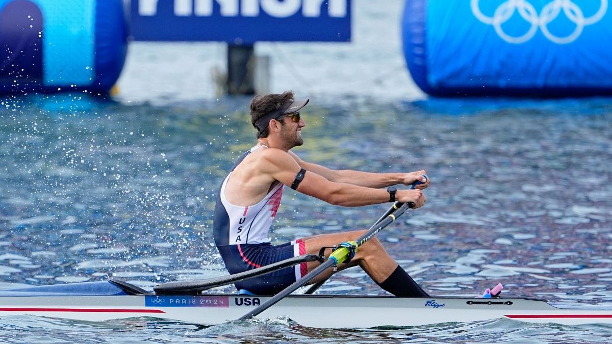 Jacon Plihal (USA) competes during the men’s rowing event at the Paris 2024 Olympics. Image: Reuters
Jacon Plihal (USA) competes during the men’s rowing event at the Paris 2024 Olympics. Image: Reuters