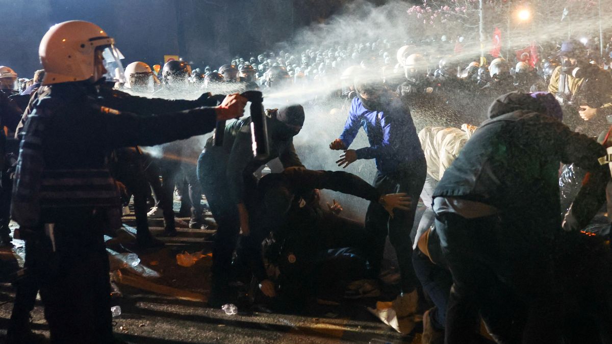 Men help demonstrators as police officers use pepper spray during a protest against the arrest of Istanbul Mayor Ekrem Imamoglu as part of a corruption investigation, in Istanbul, Turkey on March 24. Reuters Men help demonstrators as police officers use pepper spray during a protest against the arrest of Istanbul Mayor Ekrem Imamoglu as part of a corruption investigation, in Istanbul, Turkey on March 24. Reuters