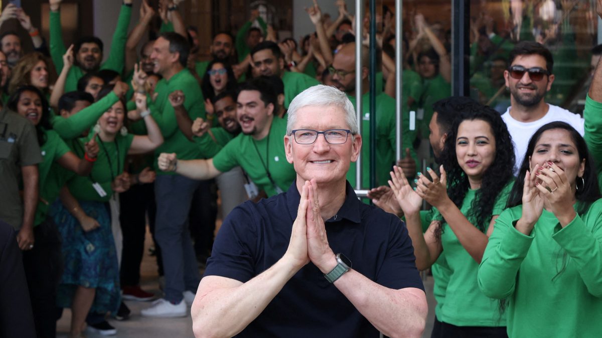 Apple CEO Tim Cook gestures during the inauguration of India's first Apple retail store in Mumbai, India, April 18, 2023. File image/Reuters Apple CEO Tim Cook gestures during the inauguration of India's first Apple retail store in Mumbai, India, April 18, 2023. File image/Reuters