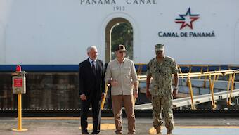 U.S. Secretary of Defense Pete Hegseth, Panama Canal Authority Administrator Ricaurte Vasquez, and Commander of the U.S. Southern Command Adm. Alvin Holsey pose during a tour of the Miraflores locks, in Panama City, Panama. Reuters