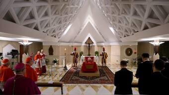 The body of Pope Francis is placed in an open casket during the rite of the declaration of death in Santa Marta residence at the Vatican. Reuters