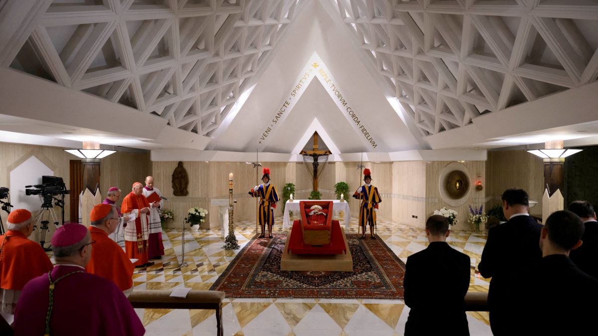 The body of Pope Francis is placed in an open casket during the rite of the declaration of death in Santa Marta residence at the Vatican. Reuters The body of Pope Francis is placed in an open casket during the rite of the declaration of death in Santa Marta residence at the Vatican. Reuters