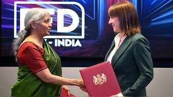 UK chancellor, Rachel Reeves, shakes hands with her Indian counterpart, the finance minister, Nirmala Sitharaman (left). AFP
