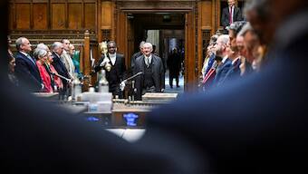 A handout photograph released by the UK Parliament shows speaker of the House of Commons Lindsay Hoyle arriving for a special Saturday session as the government seeks to pass emergency legislation to save the British Steel company from closing dowing, in the House of Commons, in London, on April 12, 2025. UK lawmakers opened a rare Saturday session as the government seeks to pass emergency legislation to stop the last British factory that can make steel from scratch from shutting down. Prime Minister Keir Starmer has said his administration plans to "take control" of the struggling Chinese-owned British Steel plant to prevent its blast furnaces going out. Source: AFP