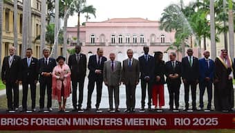 Foreign Ministers and senior diplomats from BRICS countries pose for a family photo during the second day of the BRICS Foreign Ministers meeting in Rio de Janeiro, Brazil. AFP