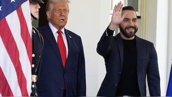 President Donald Trump greets El Salvador's President Nayib Bukele as he arrives at the West Wing of the White House, in Washington. AP 