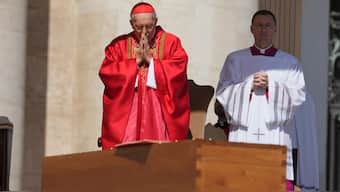 Dean of the College of Cardinals Giovanni Battista Re prays in front of the coffin during the funeral of Pope Francis in St Peter's Square. AP