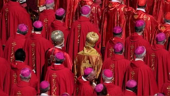 Cardinals stand during the funeral of Pope Francis in St. Peter's Square at the Vatican. AP