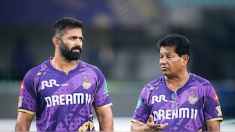 Abhishek Nayar with Kolkata Knight Riders head coach Chandrakant Pandit at a training session ahead of the team's home game against Gujarat Titans on Monday, 21 April. Image credit: Kolkata Knight Riders