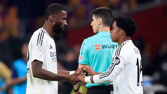 Real Madrid's Antonio Rudiger is substituted by Endrick Junior during extra time in the Copa del Rey final against Barcelona in Sevilla. Reuters