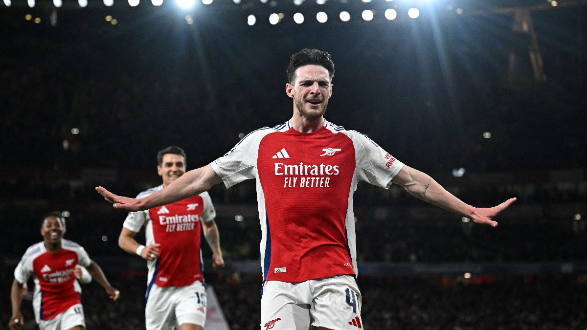 Declan Rice curls in two brilliant free-kicks as Arsenal thrash Real Madrid in Champions League quarter-final first leg Declan Rice curls in two brilliant free-kicks as Arsenal thrash Real Madrid in Champions League quarter-final first leg