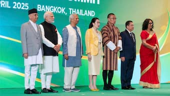 In this photo released by Thailand's Foreign Affairs Ministry, from left to right Nepal Prime Minister Khadga Prasad Oli, India Prime Minister Narendra Modi, Bangladesh's Chief Adviser Muhammad Yunus, Thailand's Prime Minister Paetongtarn Shinawatra, Bhutan Prime Minister Dasho Tshering Tobgay, Myanmar's military leader Senior Gen. Min Aung Hlaing, Sri Lanka Prime Minister Harini Amarasuriya, pose for a photograph during the Bay of Bengal Initiative for Multi-Sectoral Technical and Economic Cooperation (6 th BIMSTEC) summit in Bangkok on April 4, 2025. AP
