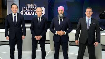 Conservative Leader Pierre Poilievre, Liberal Party leader and Prime Minister Mark Carney, New Democratic Party Leader Jagmeet Singh, and Bloc Quebecois Leader Yves-Francois Blanchet, take part in a group photo prior to the English-language federal election leaders' debate, in Montreal, April 17, 2025. File Image/Reuters