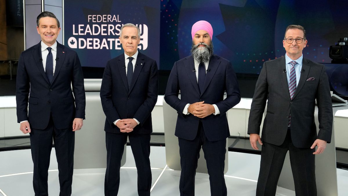 Conservative Leader Pierre Poilievre, Liberal Party leader and Prime Minister Mark Carney, New Democratic Party Leader Jagmeet Singh, and Bloc Quebecois Leader Yves-Francois Blanchet, take part in a group photo prior to the English-language federal election leaders' debate, in Montreal, April 17, 2025. File Image/Reuters Conservative Leader Pierre Poilievre, Liberal Party leader and Prime Minister Mark Carney, New Democratic Party Leader Jagmeet Singh, and Bloc Quebecois Leader Yves-Francois Blanchet, take part in a group photo prior to the English-language federal election leaders' debate, in Montreal, April 17, 2025. File Image/Reuters
