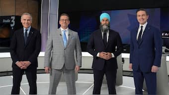 (L to R) Liberal leader Mark Carney, Bloc Quebecois Leader Yves-Francois Blanchet, New Democratic Party Leader Jagmeet Singh and Conservative Leader Pierre Poilievre pose for a photo before the French-language federal leaders' debate, in Montreal on, April 16, 2025. AP