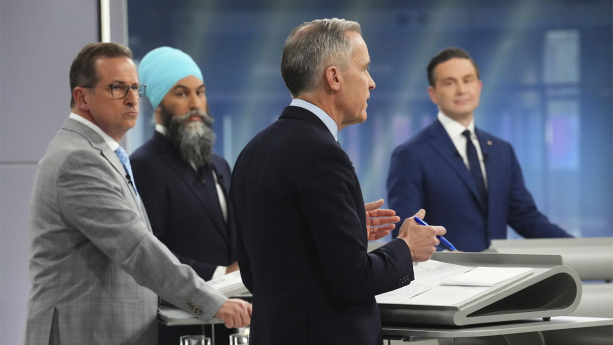 (File) Bloc Quebecois Leader Yves-Francois Blanchet, New Democratic Party Leader Jagmeet Singh and Conservative Leader Pierre Poilievre listen to Liberal leader Mark Carney speak during the French-language federal leaders' debate, in Montreal on April 16, 2025. AP (File) Bloc Quebecois Leader Yves-Francois Blanchet, New Democratic Party Leader Jagmeet Singh and Conservative Leader Pierre Poilievre listen to Liberal leader Mark Carney speak during the French-language federal leaders' debate, in Montreal on April 16, 2025. AP
