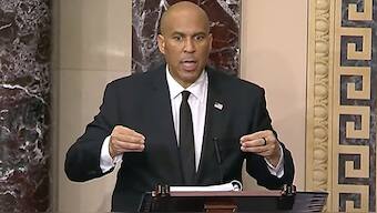 In this image provided by Senate Television, Sen, Cory Booker, D-N.J. speaks on the Senate floor. AP