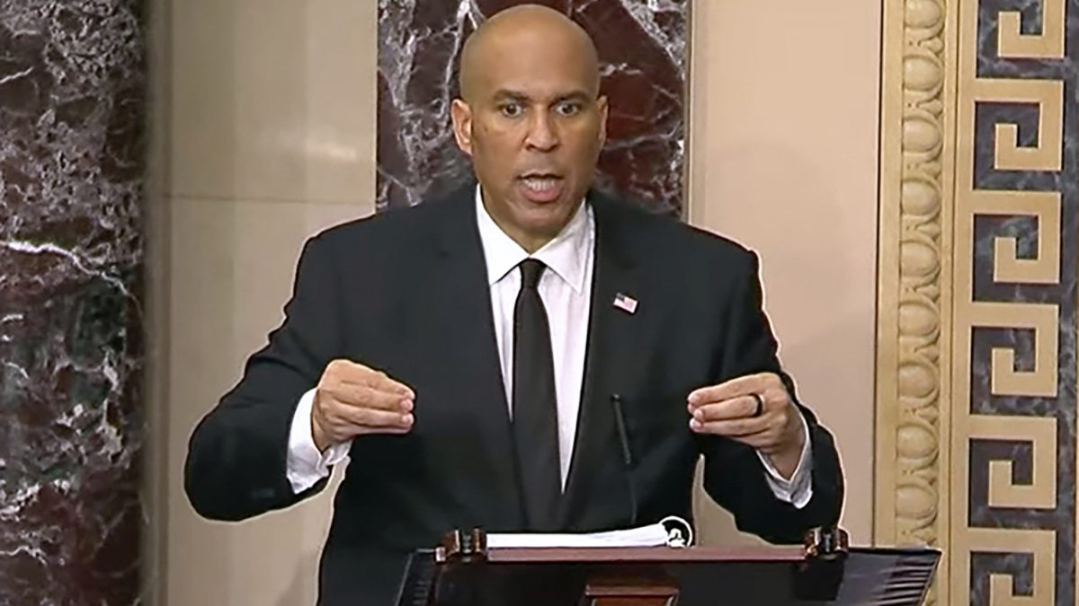 In this image provided by Senate Television, Sen, Cory Booker, D-N.J. speaks on the Senate floor. AP In this image provided by Senate Television, Sen, Cory Booker, D-N.J. speaks on the Senate floor. AP