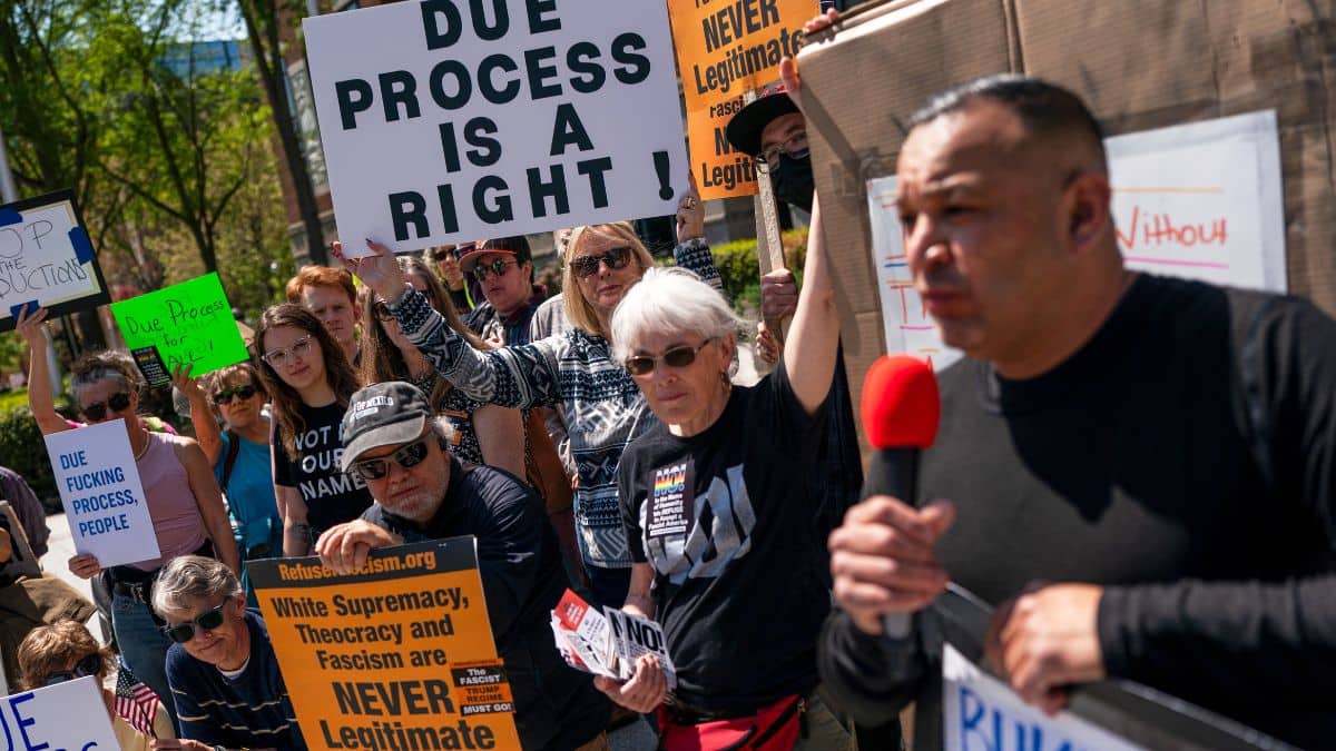 Protestors chant during a demonstration against President Donald Trump's use of El Salvador's Terrorism Confinement Center, or CECOT, prison for people deported from the US for entering the country illegally, outside the Embassy of El Salvador in Washington, April 14, 2025. File Image/AP