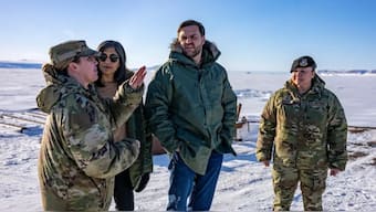 Colonel Susannah Meyers (left), then-commander of US' Pituffik Space Base in Greenland, with Vice President JD Vance and Second Lady Usha Vance during their visit to the island in March 2025. (Photo: AFP)