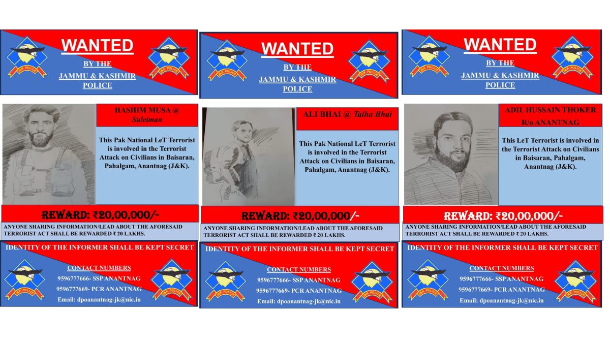 The Jammu and Kashmir Police has released the sketches of foreigner terrorists Hashim Musa alias Sulaiman and Ali Bhai alias Talha Bhai and local terrorist Adil Hussain Thokar believed to be involved in the Pahalgam attack. (Photo: J&K Police) The Jammu and Kashmir Police has released the sketches of foreigner terrorists Hashim Musa alias Sulaiman and Ali Bhai alias Talha Bhai and local terrorist Adil Hussain Thokar believed to be involved in the Pahalgam attack. (Photo: J&K Police)