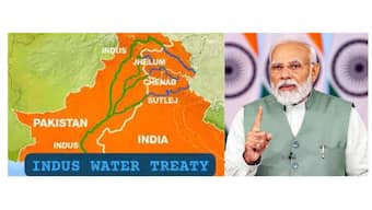 The graphic shows Prime Minister Narendra Modi and the Indus river system. The Modi government has decided to hold the Indus Waters Treaty in abeyance. 