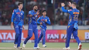 Mumbai Indians players celebrate after skipper Hardik Pandya gets Sunrisers Hyderabad's Aniket Verma caught-behind during the IPL match in Hyderabad. AP