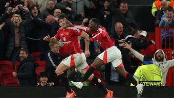 Harry Maguire scored a late winner as Man United beat Lyon 7-6 on aggregate. Image: Reuters 