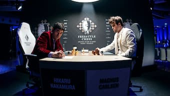 Hikaru Nakamura and Magnus Carlsen face off in the final of the Freestyle Chess Grand Slam Tour event in Paris. Image credit: Freestyle Chess