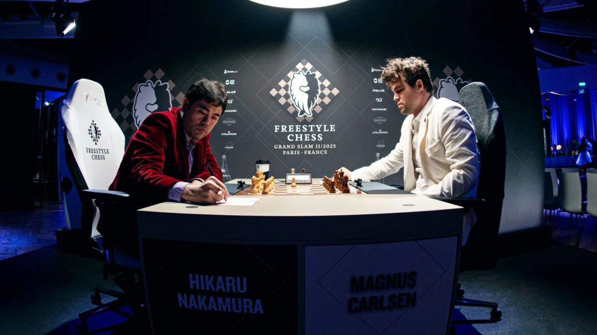 Hikaru Nakamura and Magnus Carlsen face off in the final of the Freestyle Chess Grand Slam Tour event in Paris. Image credit: Freestyle Chess Hikaru Nakamura and Magnus Carlsen face off in the final of the Freestyle Chess Grand Slam Tour event in Paris. Image credit: Freestyle Chess