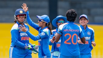The Indian women's cricket team celebrates the fall of a wicket during the opening game of the ODI triangular series against Sri Lanka. Image credit: BCCI